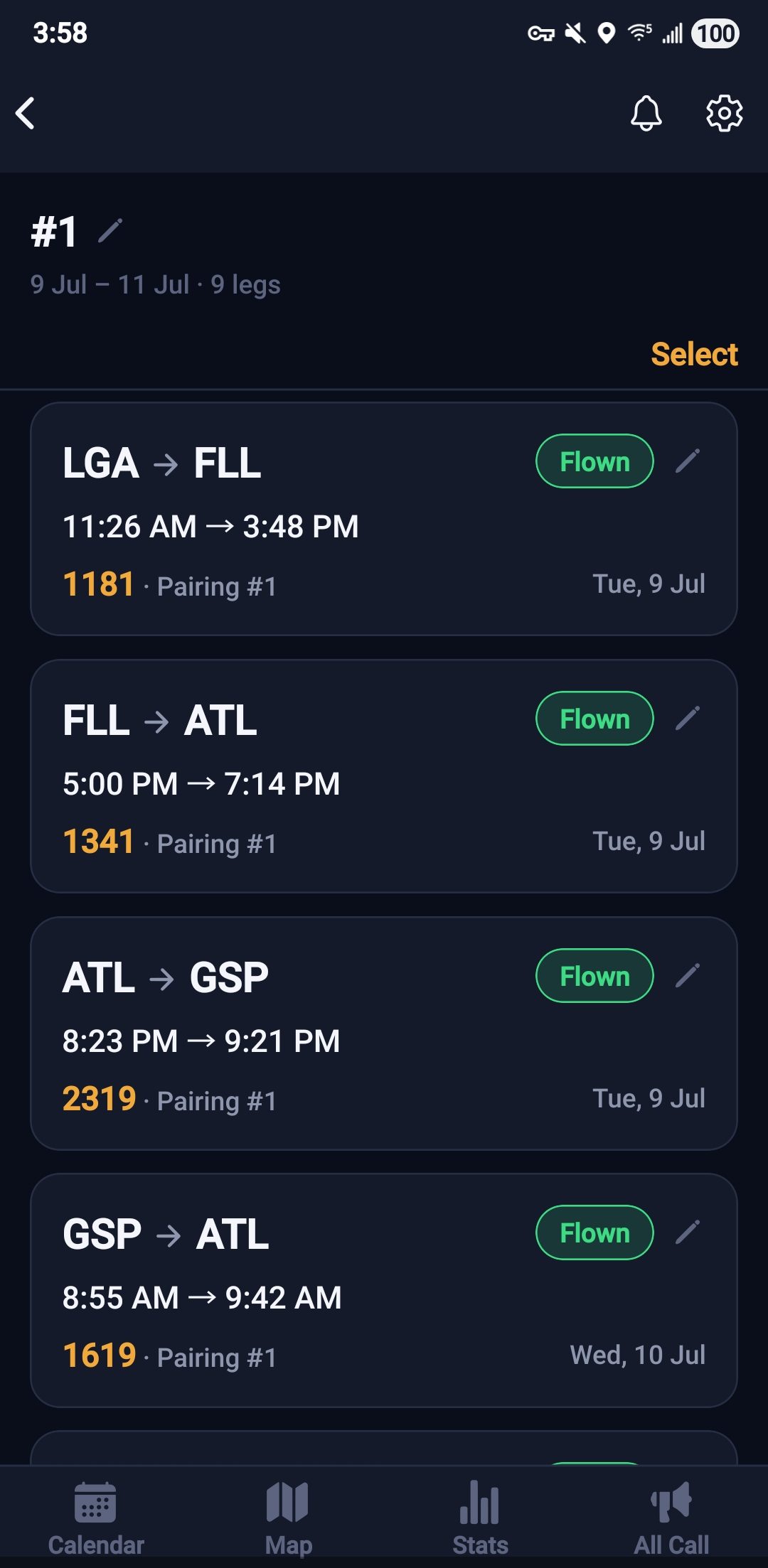 Flight log screen